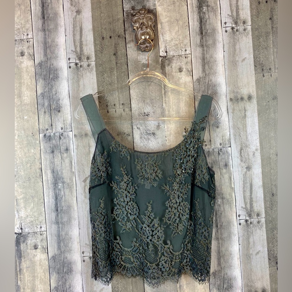 St. John Collection Silk Lace Inlay Jeweled Tank in Smokey Blue Size Medium.
